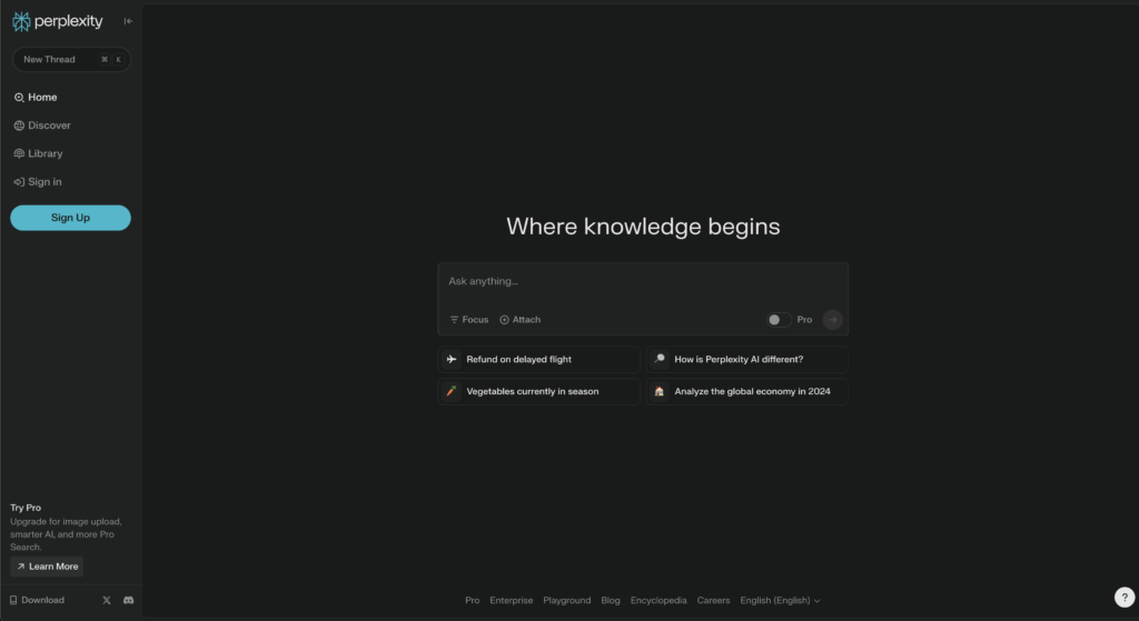 landing page for perplexity. An AI tool for web search.